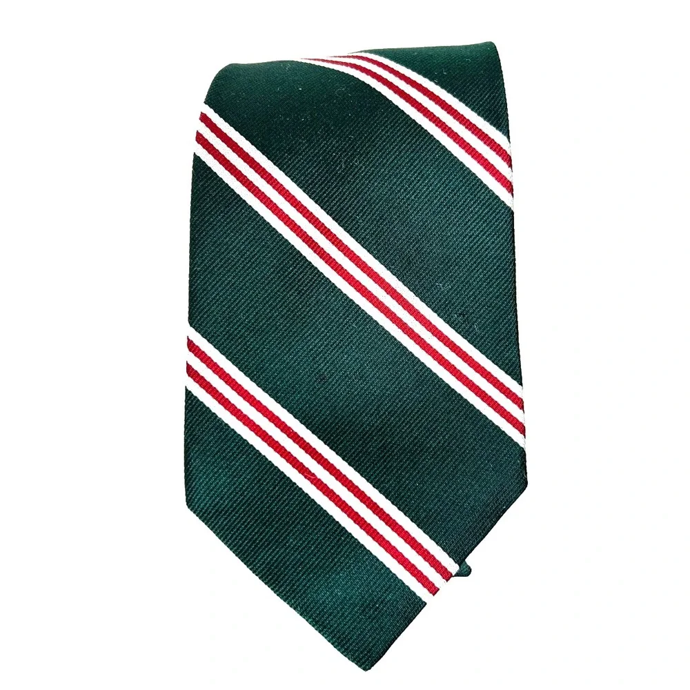 Vtg Rooster Silk Tie Green Burgundy White Regimental Stripe Ivy Preppy USA